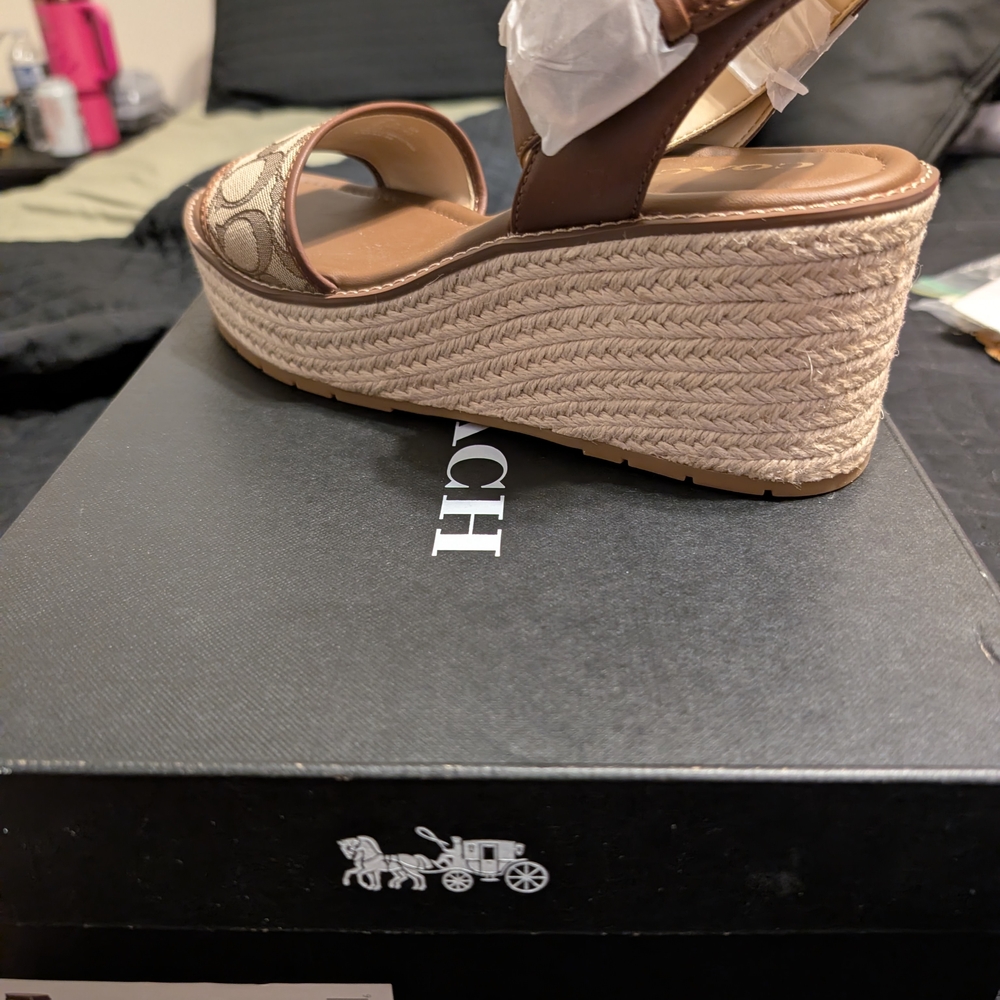 Coach Brown Logo Espadrille Platform Wedge Sandals